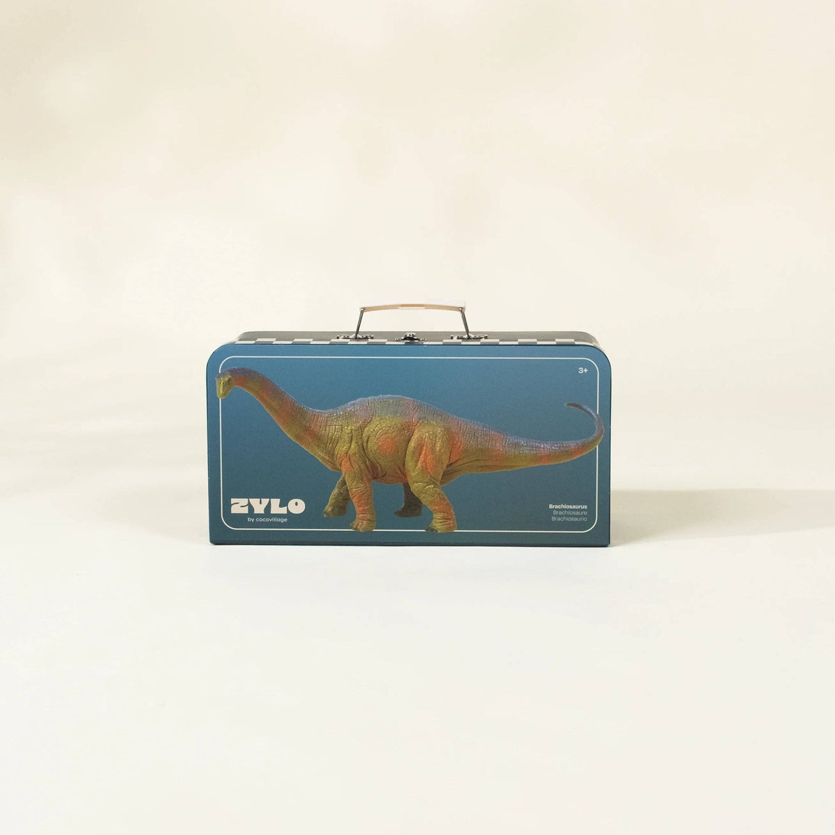 box with dinosaur design on a beige background
