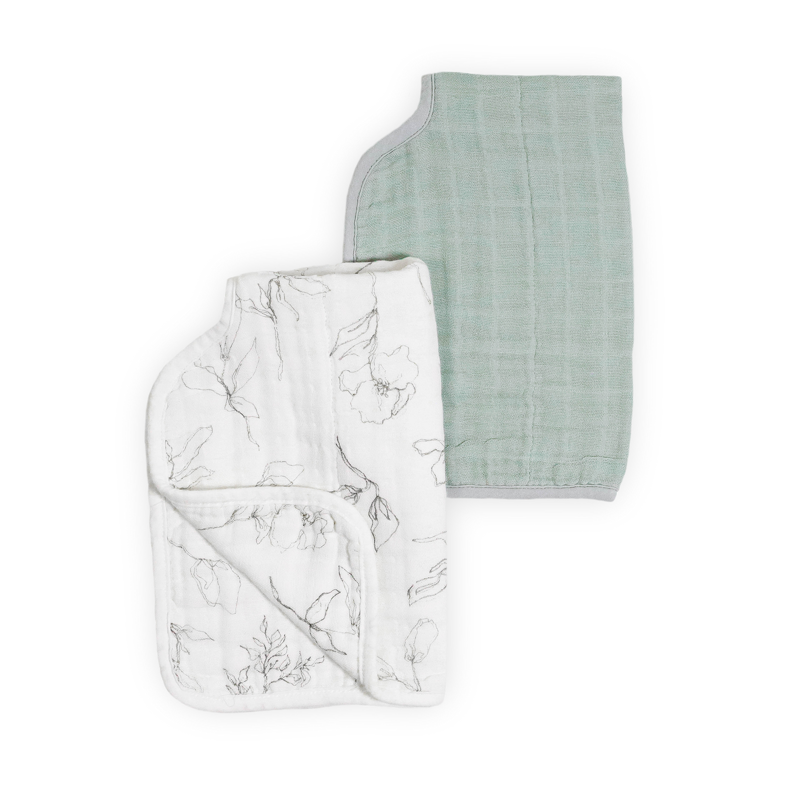 Two muslin baby swaddle burp cloths overlapping on a white background. The front blanket is white with a delicate gray floral line print, and the back blanket is a soft sage green with a subtle grid texture.