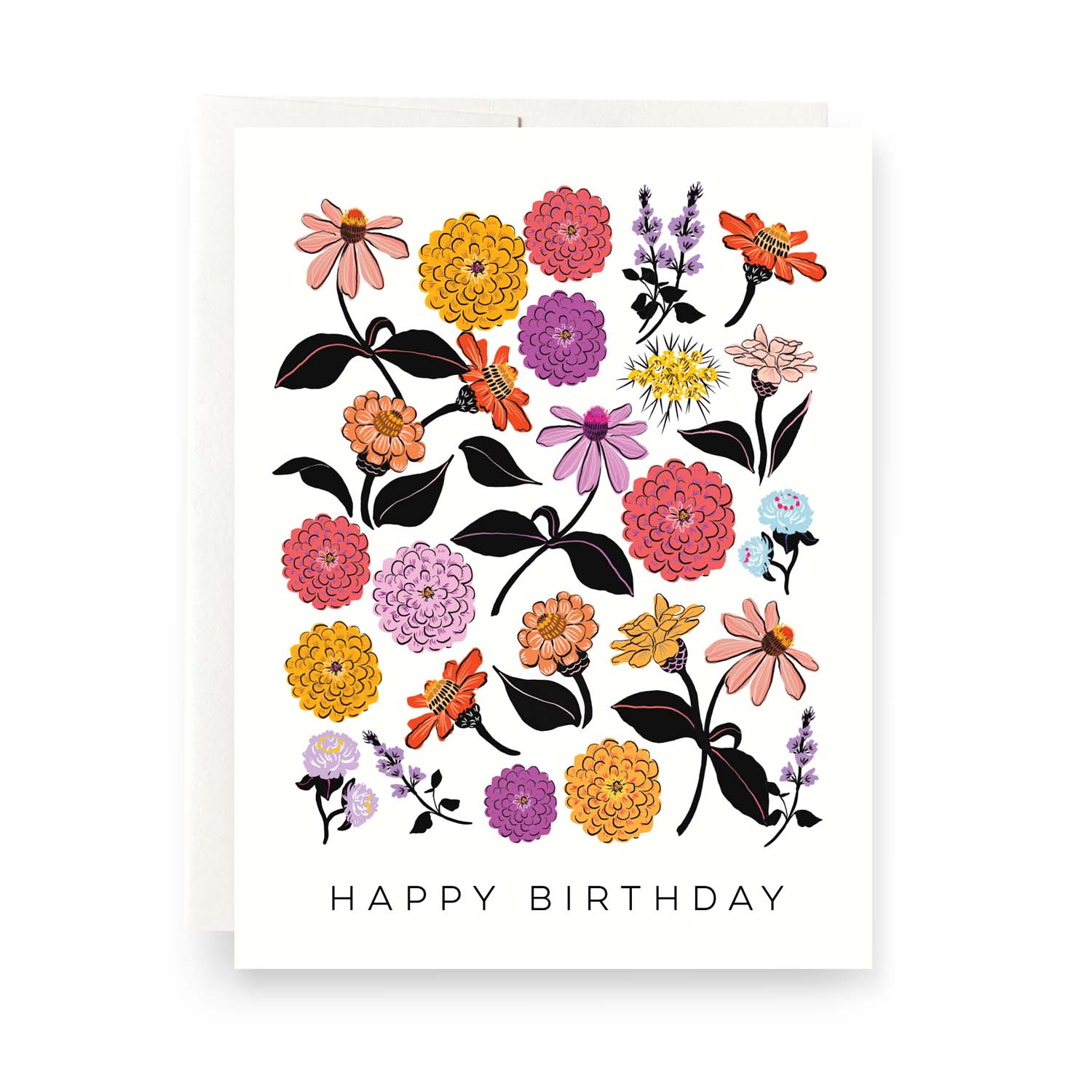 Zinnia flowers design birthday card with colorful flowers and 'Happy Birthday' text on a white background