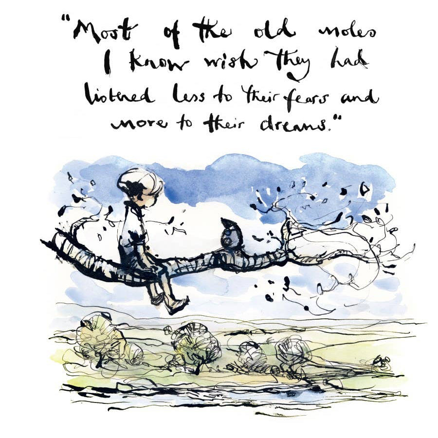 Illustration of a person sitting on a cloud with a quote above, set against a white background.