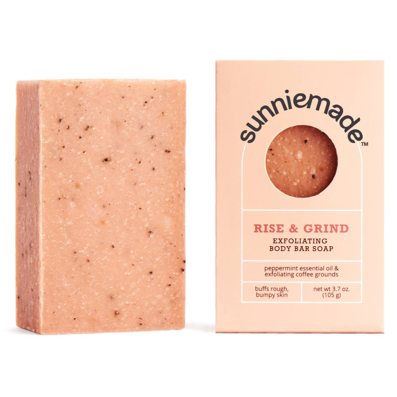 Sunnymade Rise & Grind exfoliating body bar soap with packaging on a white background