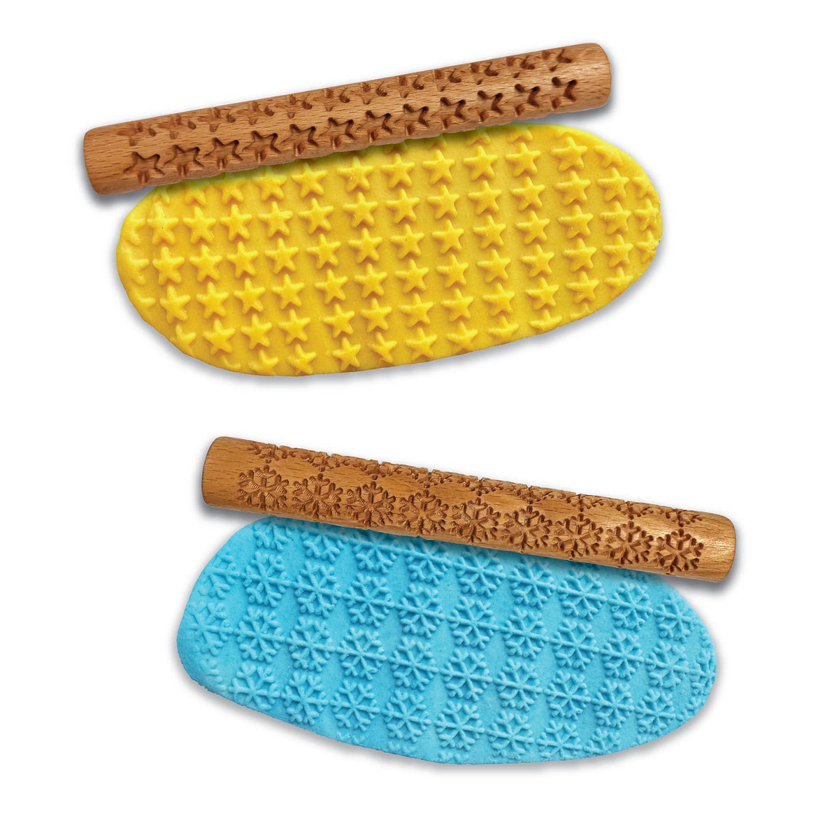 Two wooden rolling pins with star patterns on a yellow and blue play dough