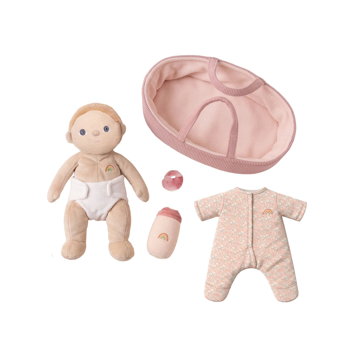 Baby doll with accessories including a pink hat, onesie, and shoes on a white background