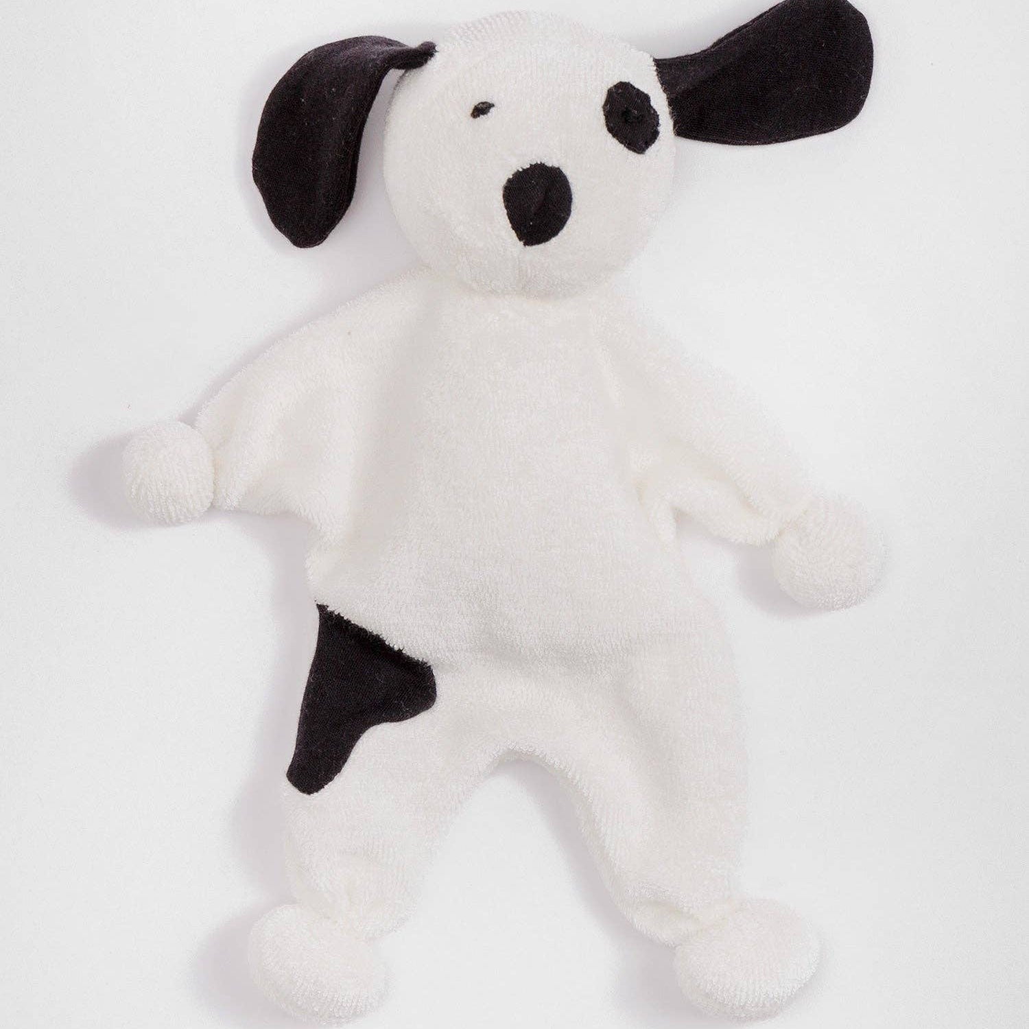 White plush dog toy with black spots on a white background