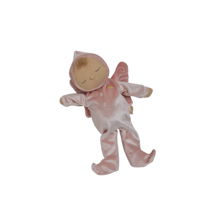 Pink plush toy shaped like a baby in a hooded outfit held by a hand against a soft, blurred background.