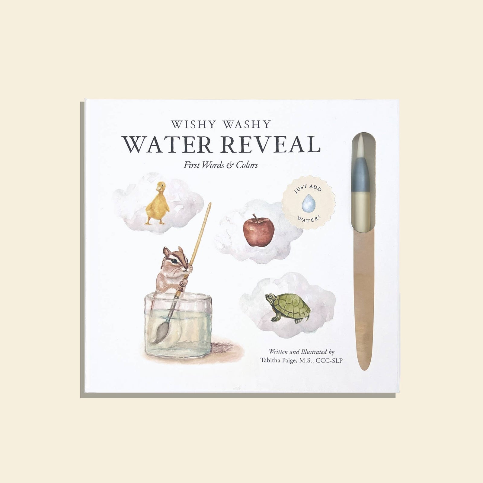 Wishy Washy water reveal book with pen on a beige background