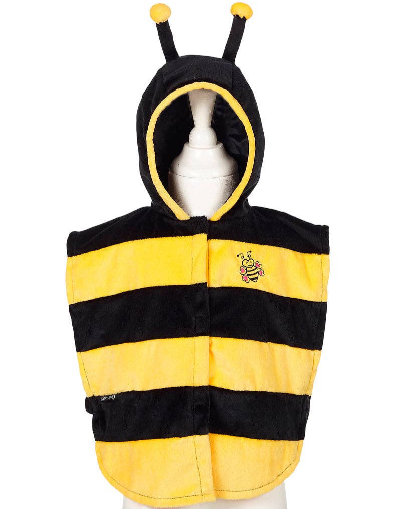 Yellow and black bee-themed hooded cape against a white background