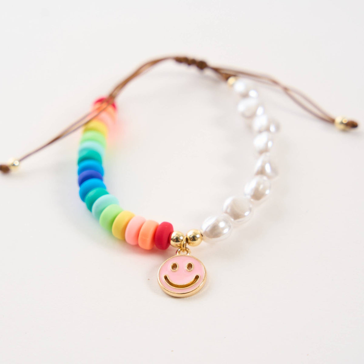 Pearl &amp; Rainbow Beaded Happy Face Bolo Bracelet