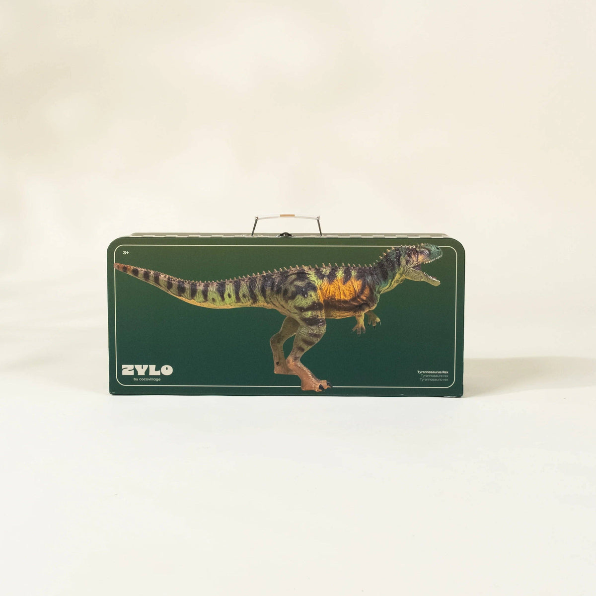 Green toy box with a dinosaur design on a beige background