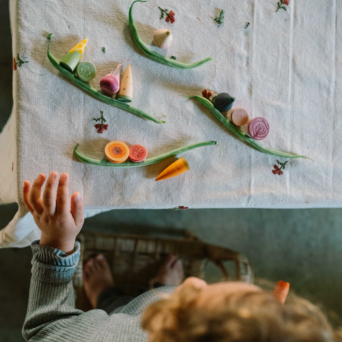 A child in a ribbed gray sweater sits at a wooden table, looking down at colorful natural items arranged on a white linen cloth. The items include sliced purple onions, orange carrot pieces, yellow and pink mushroom caps, and green seed pods.