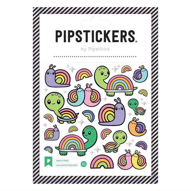 A package of PIPSTICKERS by PIPSTICKS sticker sheets featuring cute cartoon snails and rainbows. The packaging has a black and white striped border, a white background, and displays several colorful sticker designs including green, purple, pink, and yellow snails with rainbow shells.