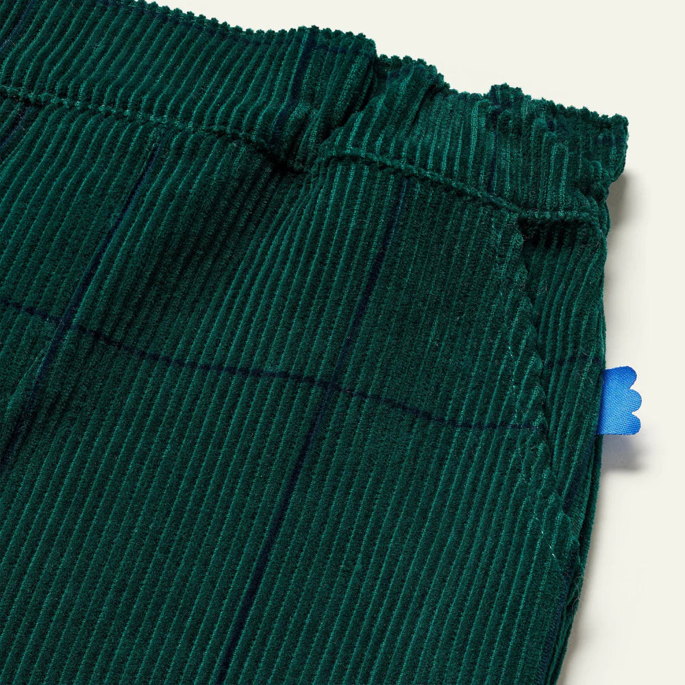 Close-up of green corduroy pants with a blue tag on a white background
