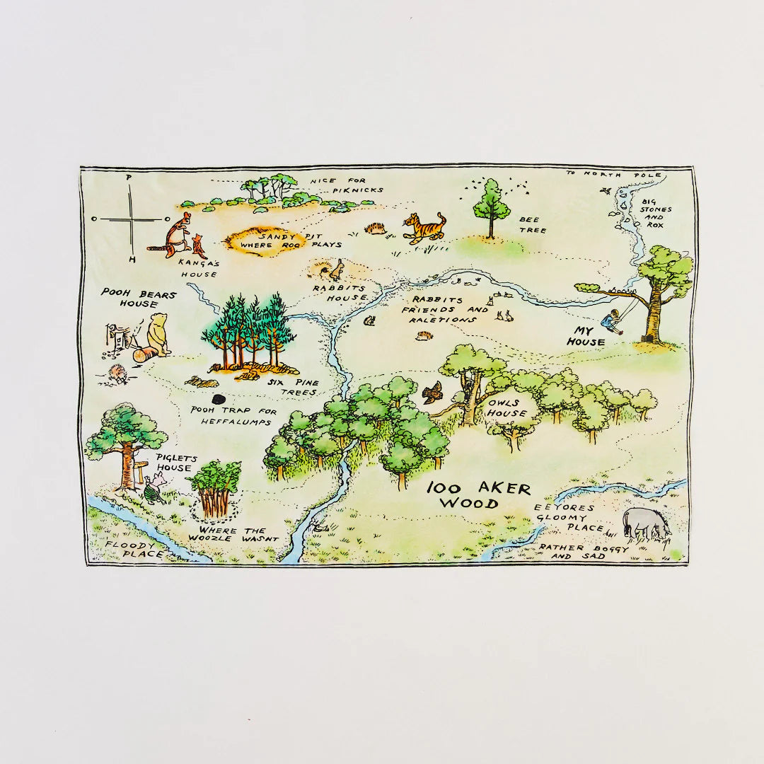 Illustrated map of '100 Acre Wood' with characters and landmarks on a white background