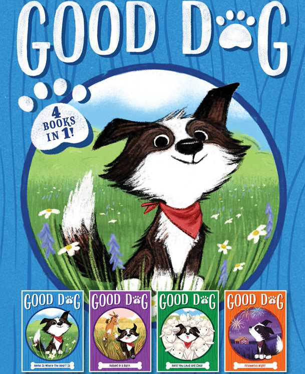 Book cover of 'Good Dog' with a cartoon dog and four smaller book covers.