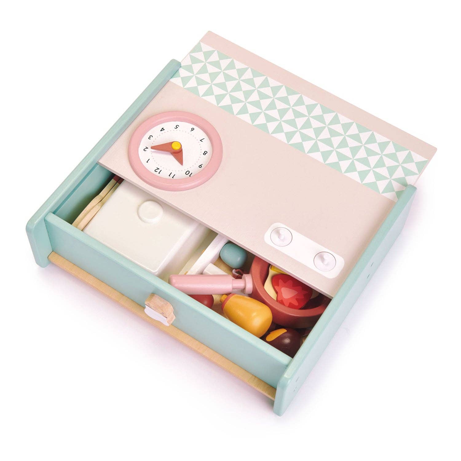 Wooden toy kitchen set with various utensils and a clock on a white background