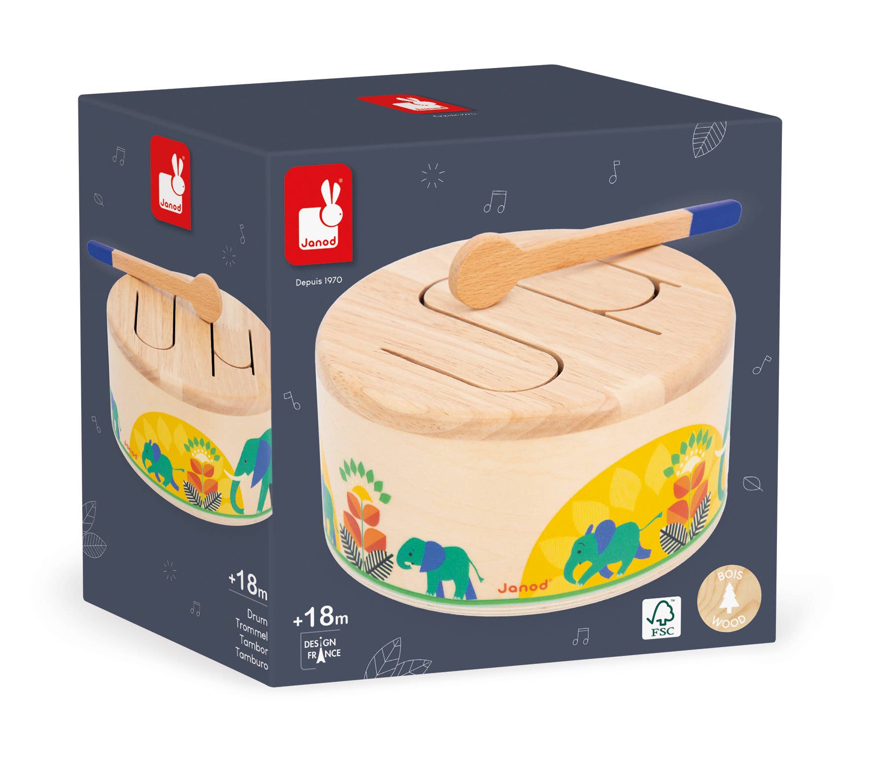 Wooden drum with colorful design and elephant illustrations on a white background
