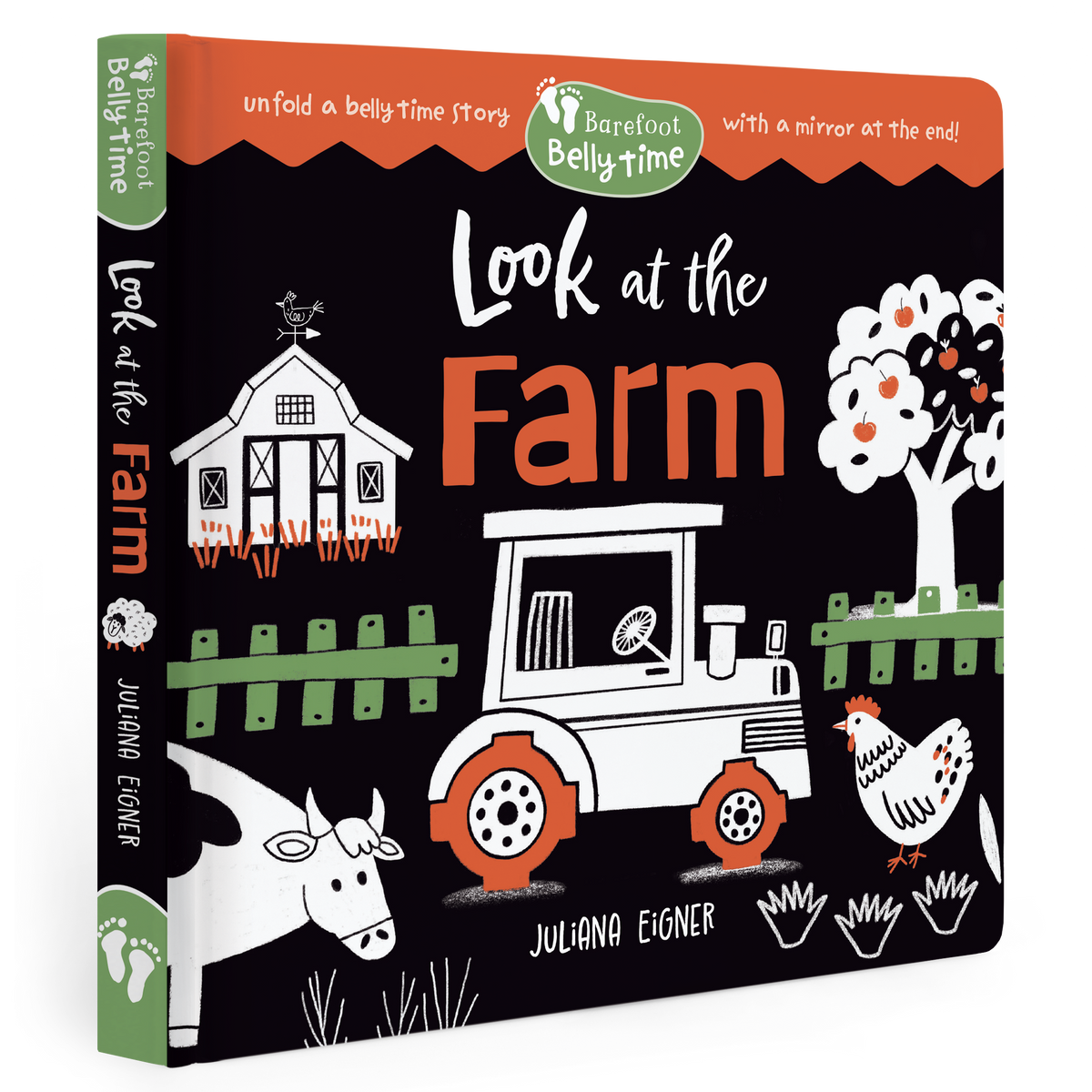 Children's book titled 'Look at the Farm' with farm-themed illustrations on a black background.