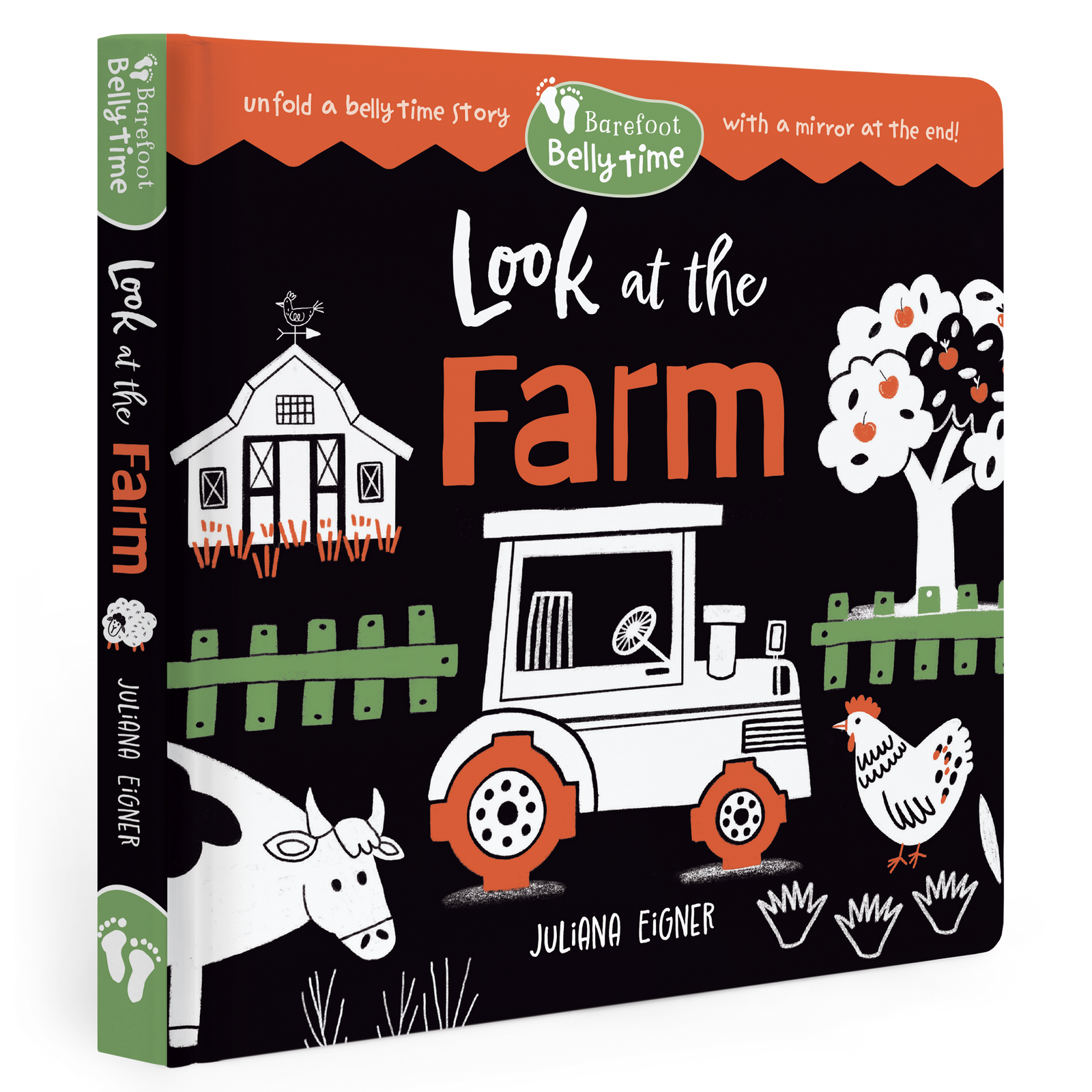 Children's book titled 'Look at the Farm' with farm-themed illustrations on a black background.