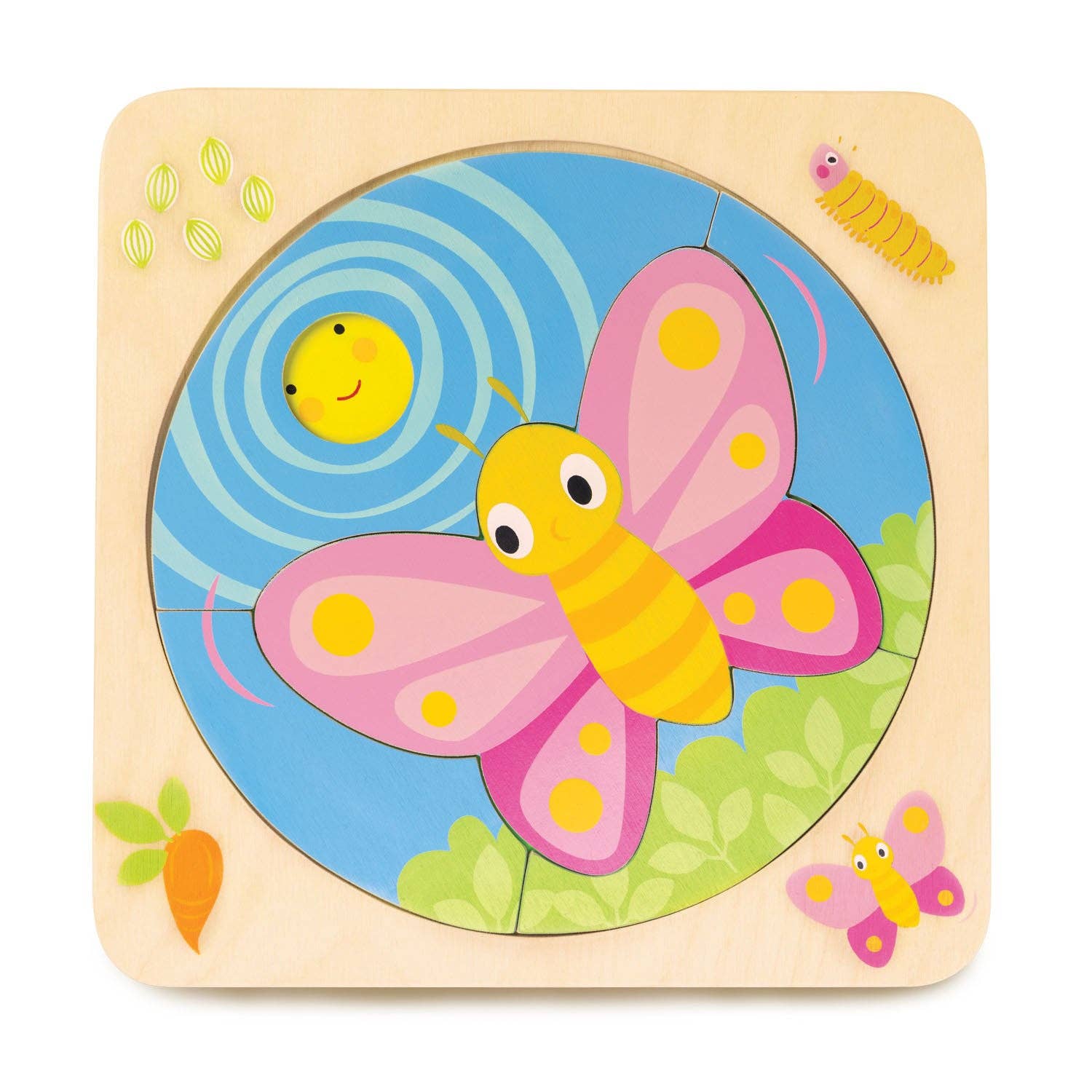 Wooden children's puzzle with a butterfly design on a blue background