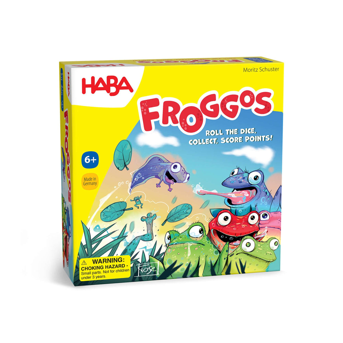 HABA Froggos board game box with colorful frog illustrations on a white background