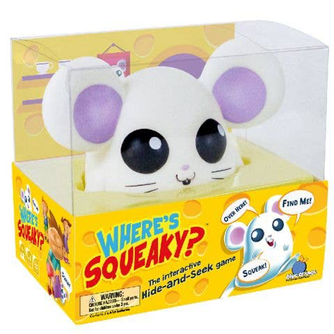 Box of 'Where's Squeaky?' interactive hide-and-seek game with a cartoon mouse design.