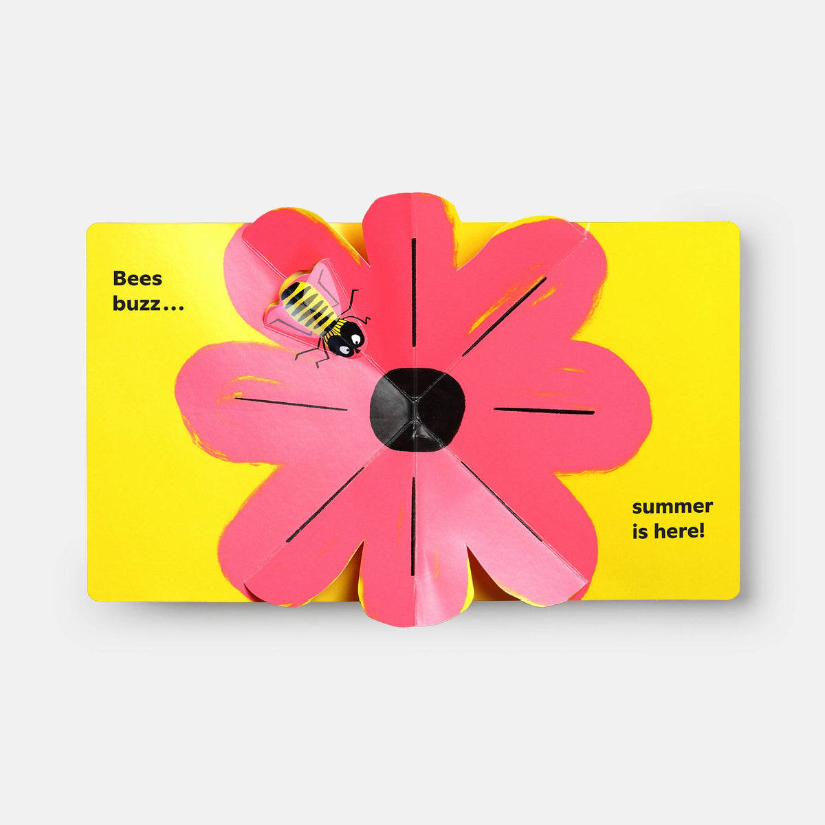 Flower-shaped object with a bee illustration on a yellow background