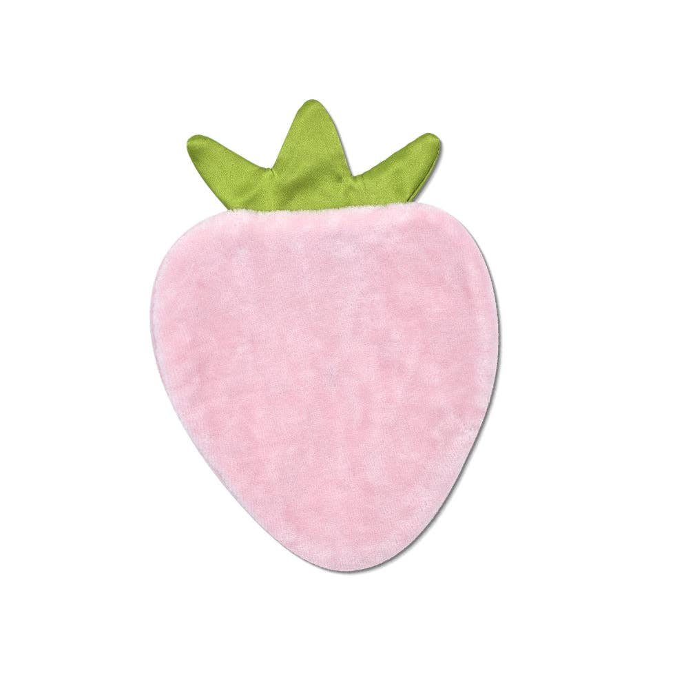 Pink strawberry-shaped rug with green leaves on a white background