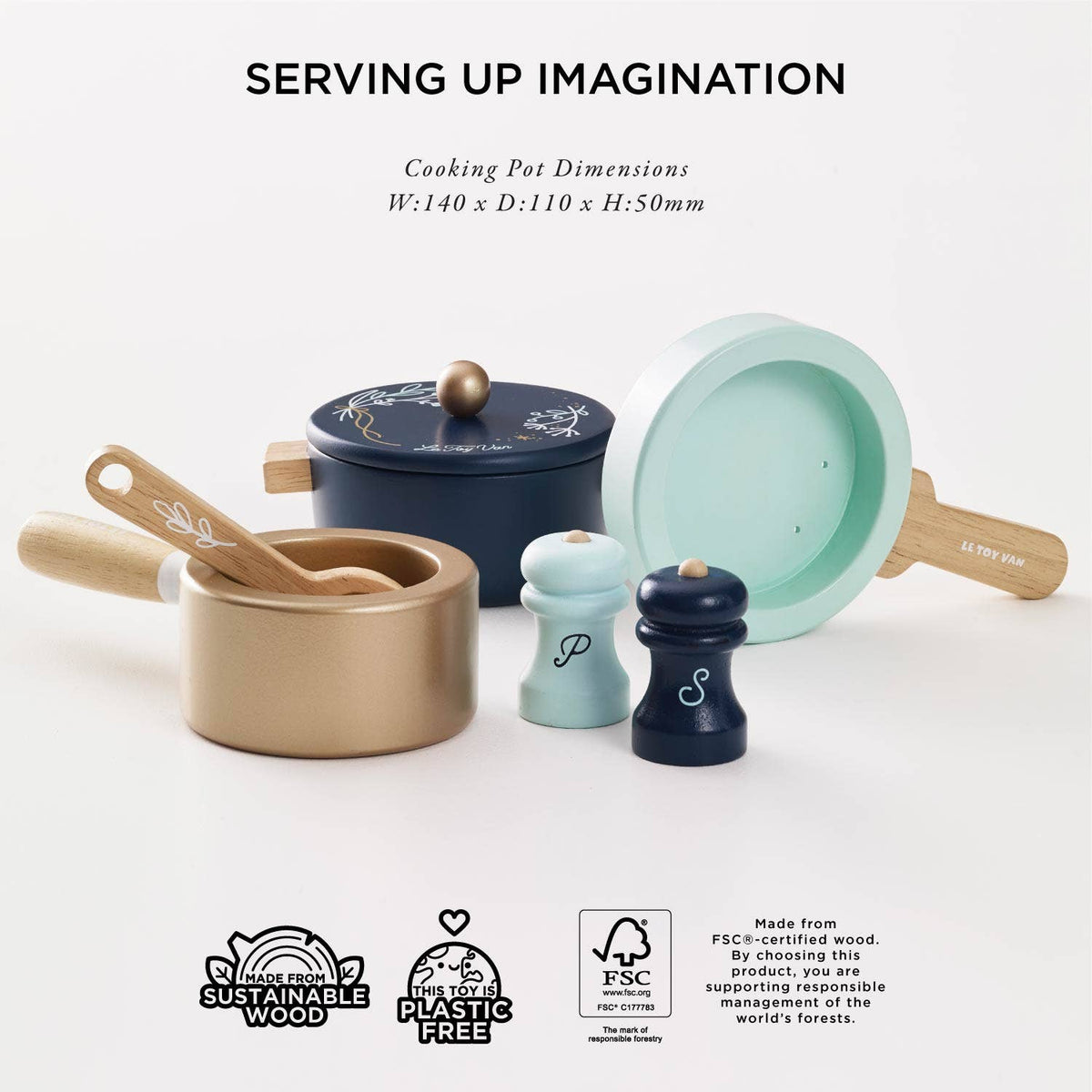 Set of wooden cookware with lids and utensils on a white background, featuring 'Serving Up Imagination' text.
