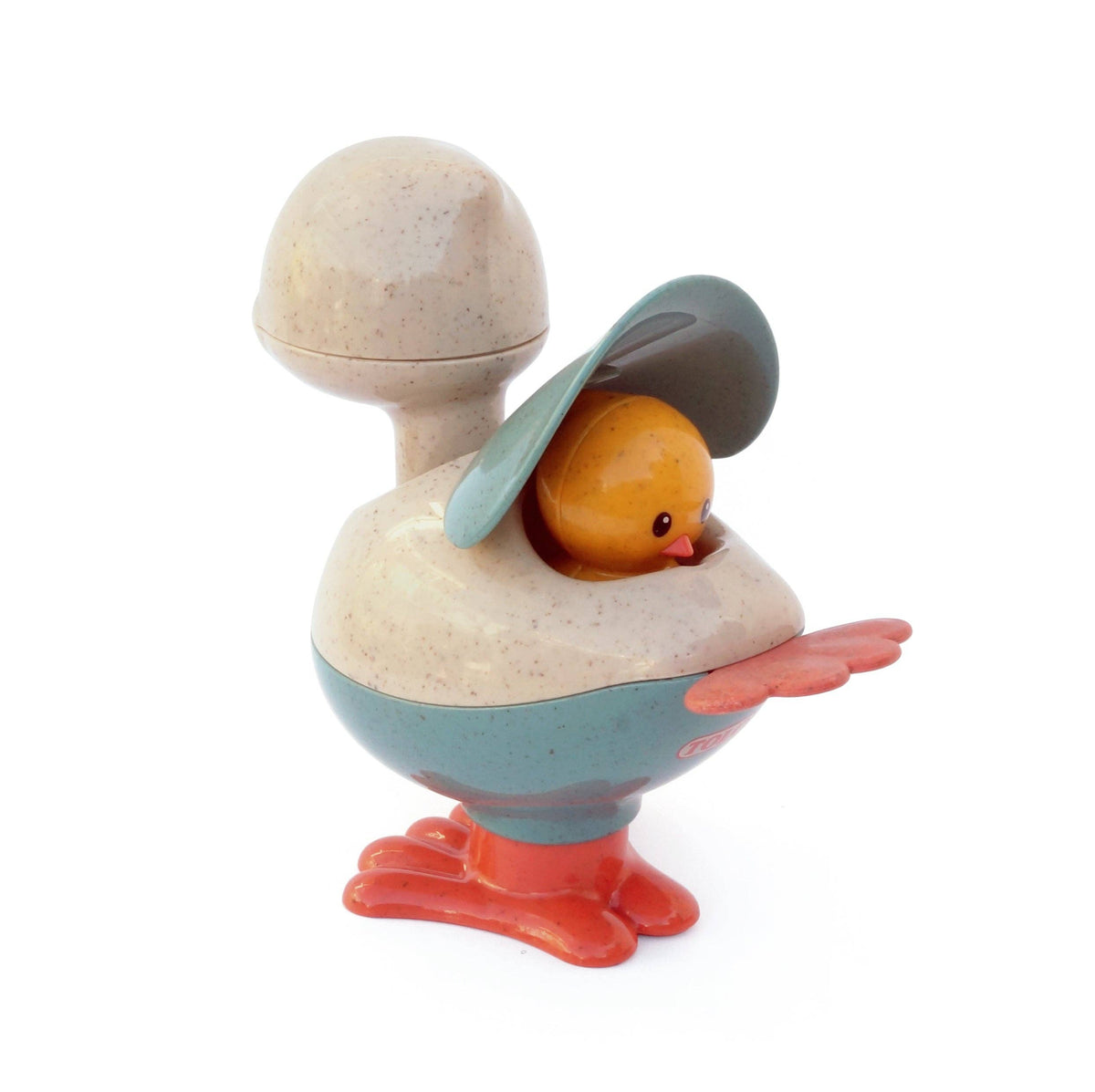 Toy figure of a chicken with a smaller chick inside on a white background