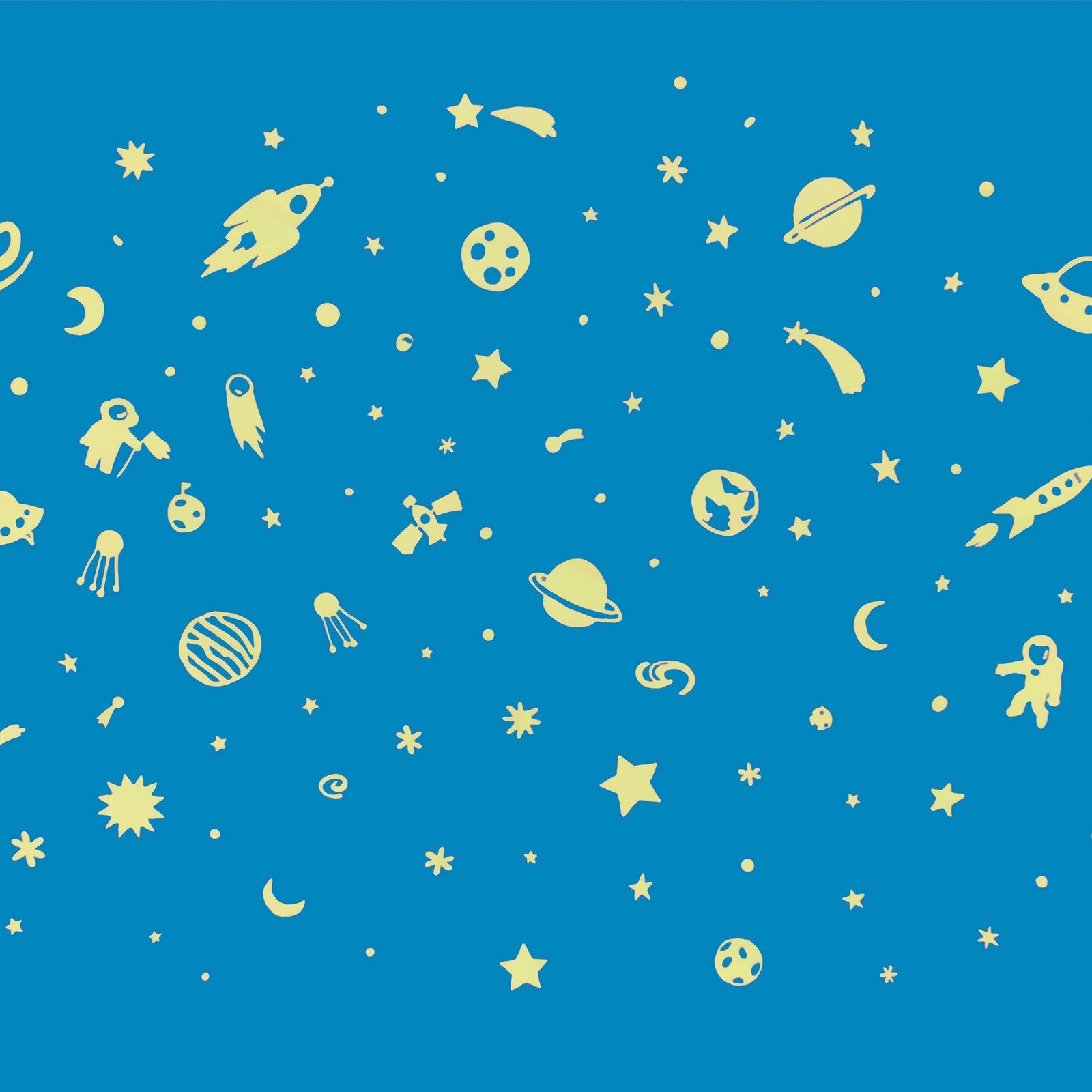 Glowing space-themed illustrations on a dark background