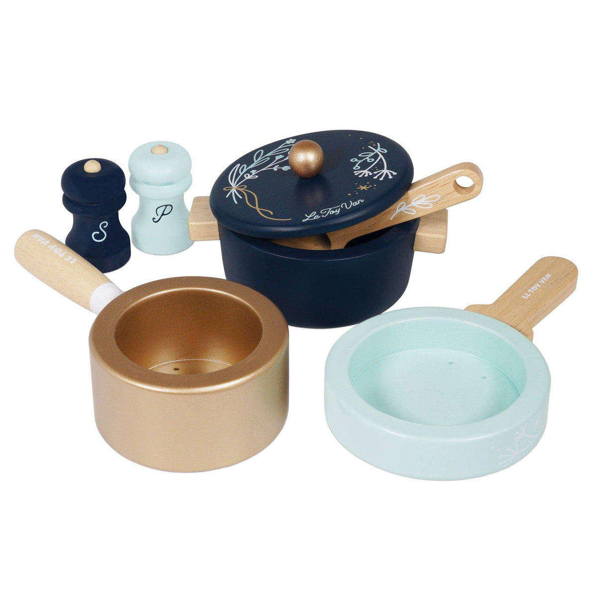 Set of colorful toy cookware with wooden handles on a white background