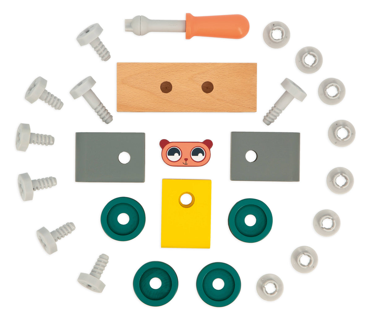 Set of hardware components including screws, nuts, and a wooden block on a white background