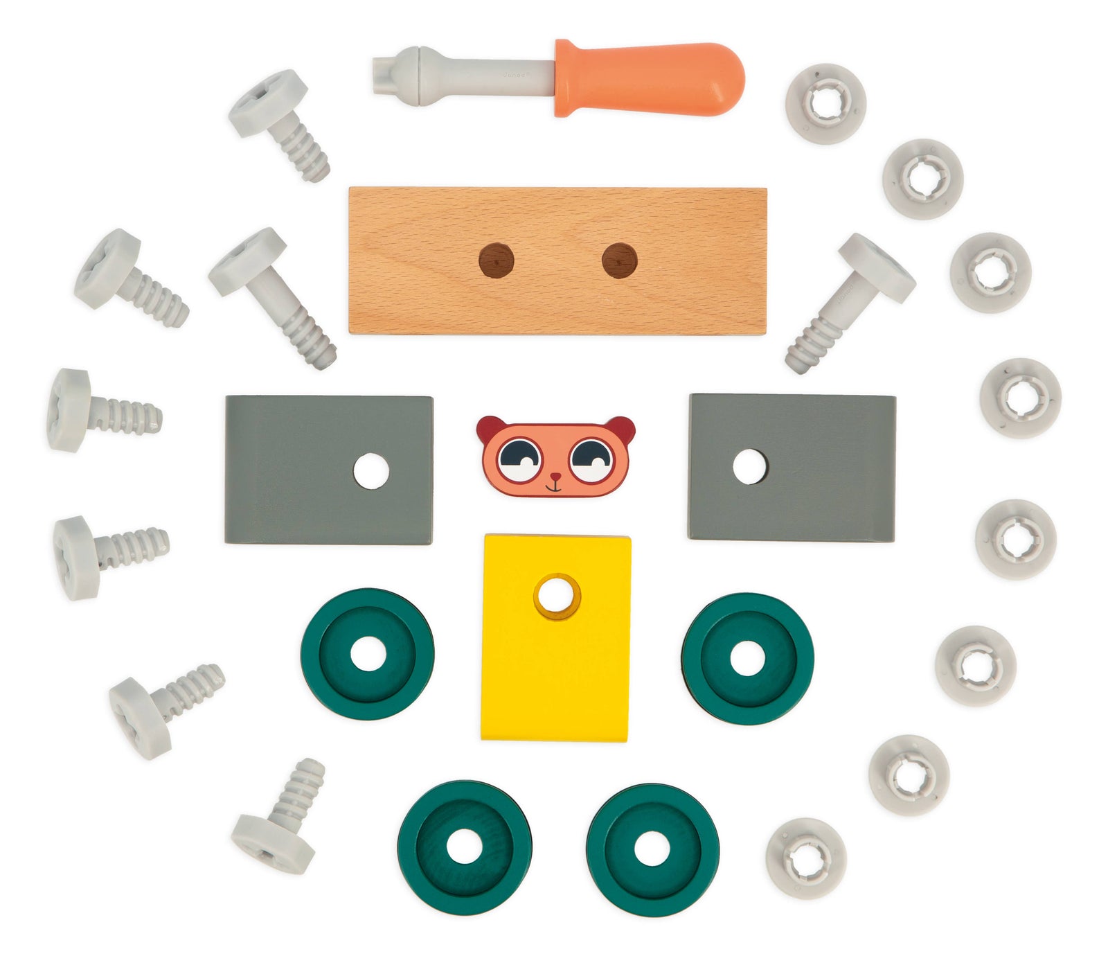Colorful toy construction set with a screwdriver on a white background