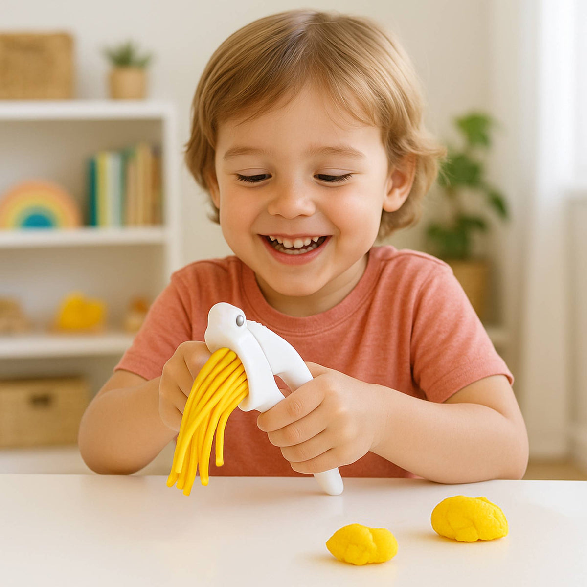 Child playing with yellow play dough and a tool, smiling in a bright room.
