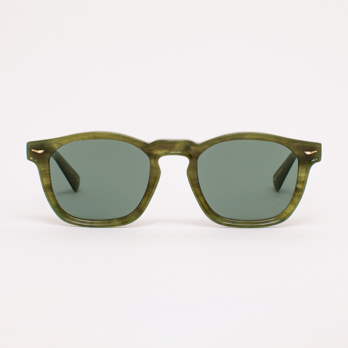 Square sunglasses with a translucent olive green and brown tortoiseshell frame and matching green-tinted lenses, shown against a plain white background.