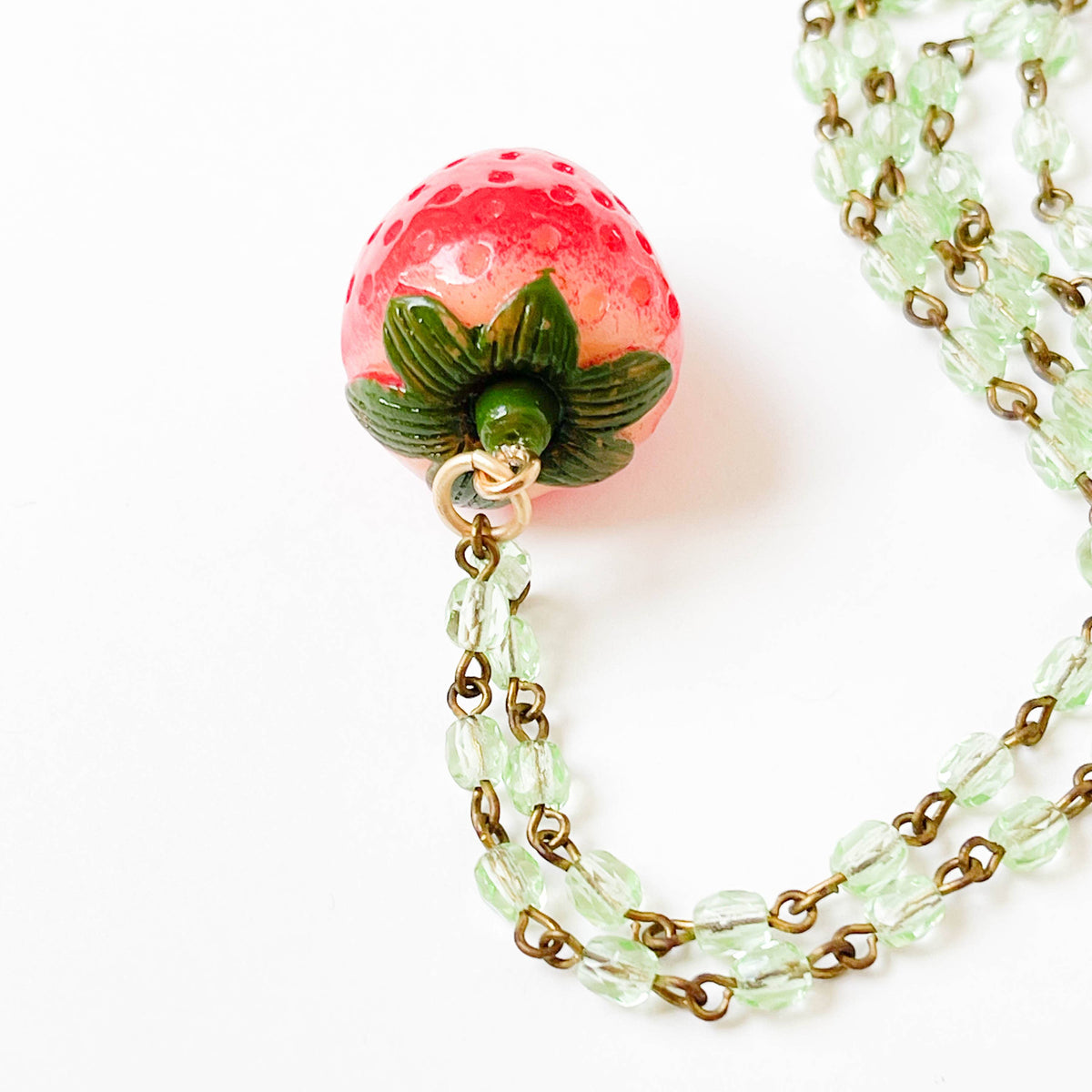 Strawberry Charm Necklace with Green Beads