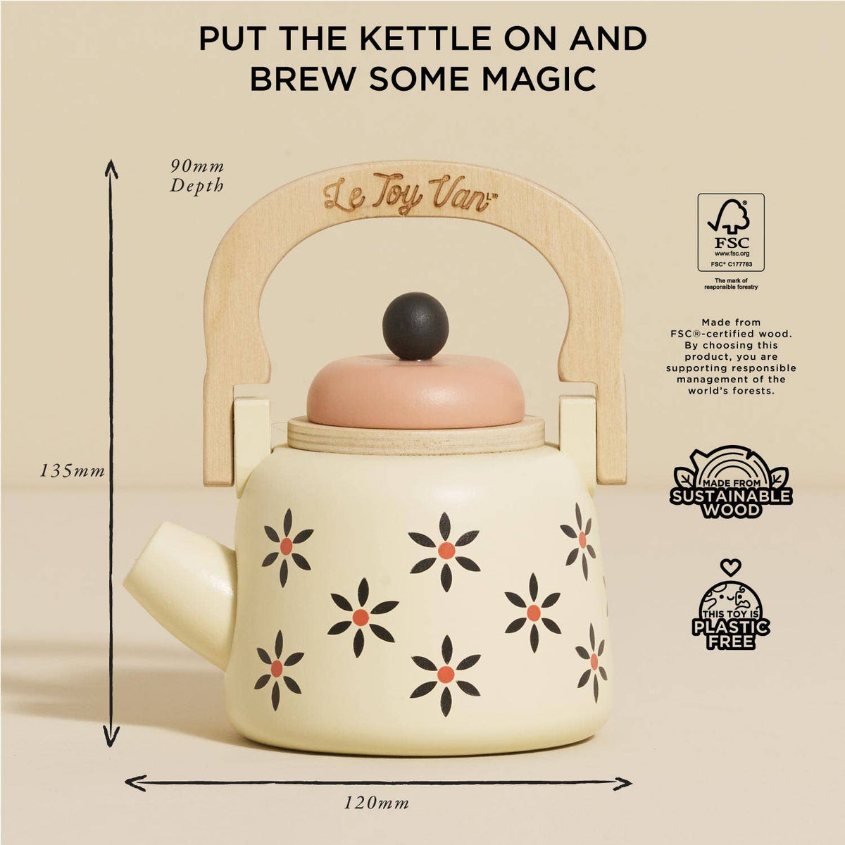 Children's teapot with floral patterns and measurements on a beige background