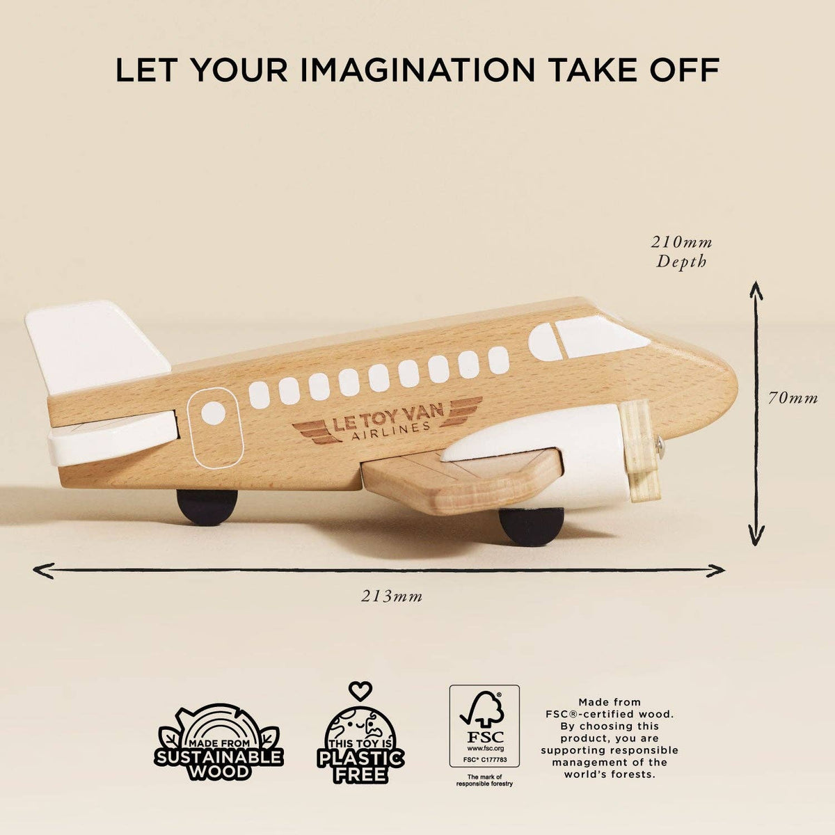 Wooden airplane toy with dimensions and sustainability certifications on a beige background