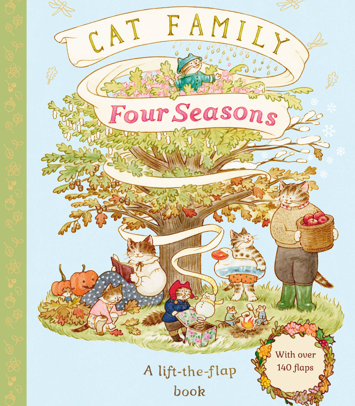 Book cover of 'Cat Family: Four Seasons' with illustrations of cats in different seasons.