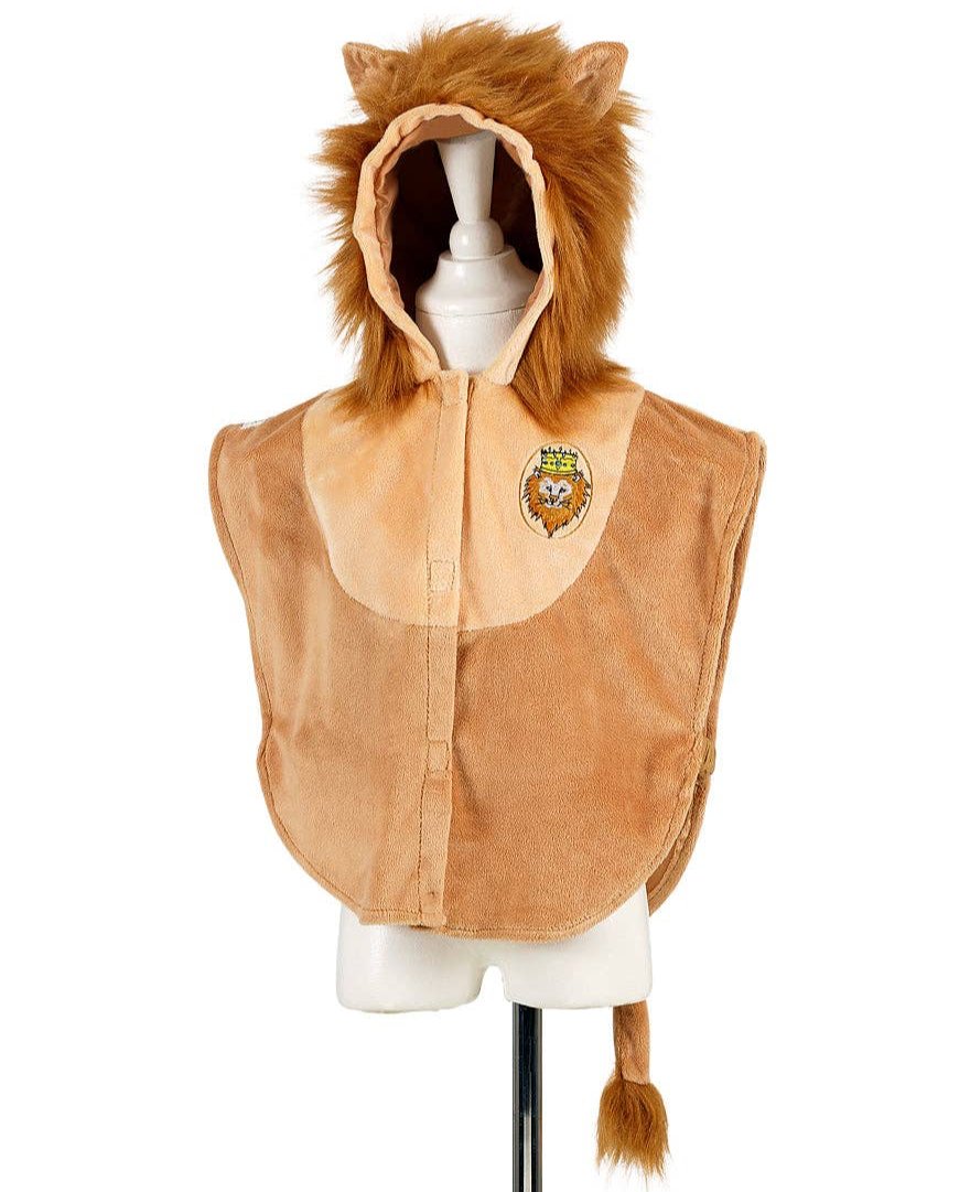 A brown cape with a hood featuring lion ears and a tail, displayed on a mannequin.