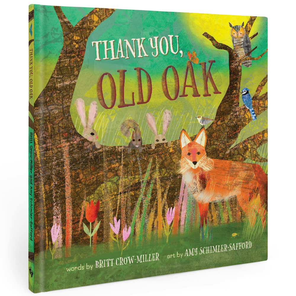 Book cover of 'Thank You, Old Oak' with forest animals and colorful design.