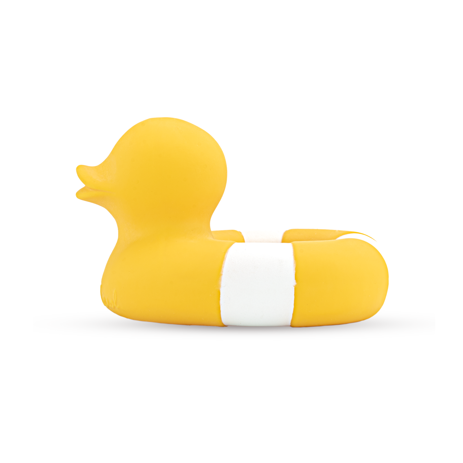 Yellow rubber duck with a white stripe on a white background