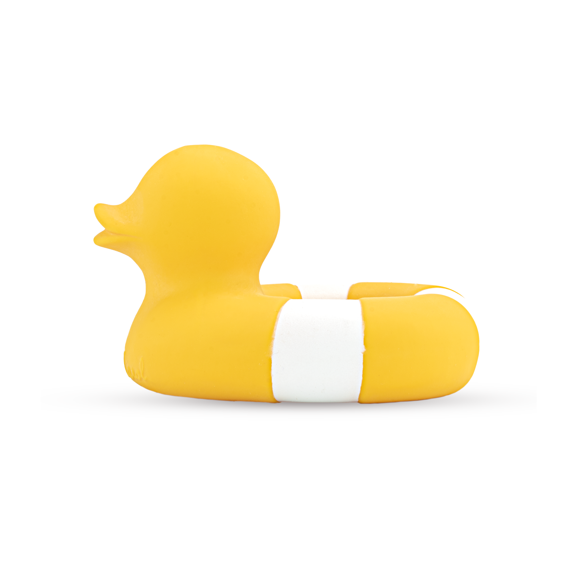Yellow rubber duck with a white stripe on a white background