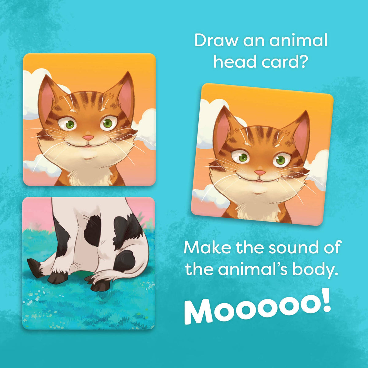 Illustrations of a cat and cow with text prompts on a blue background