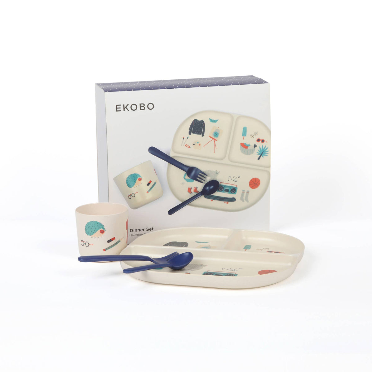Children's dinner set with plate, bowl, and cups featuring cartoon designs on a white background with Ekobo branding.