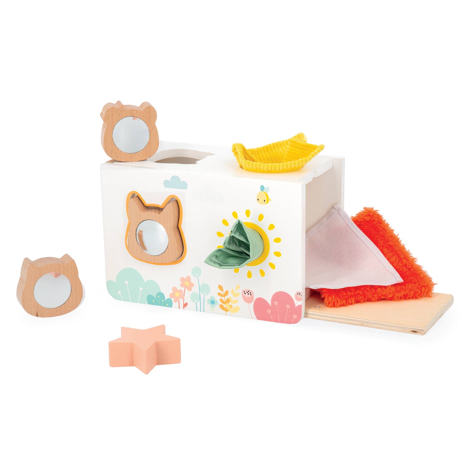 Children's toy set with animal-shaped blocks and a paper roll on a white background