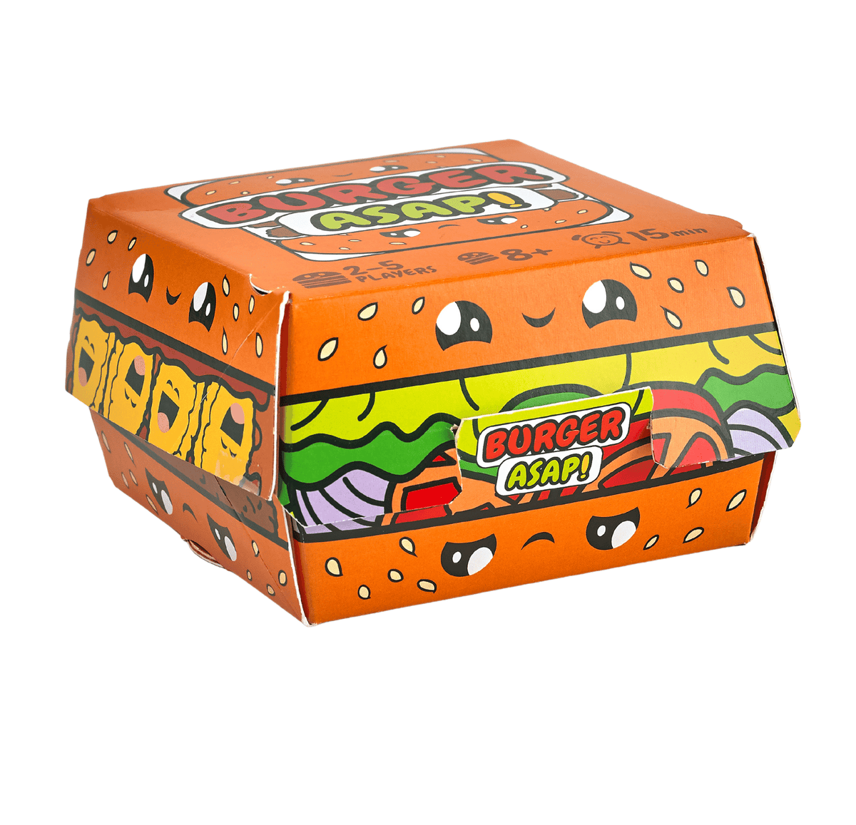 Colorful cardboard box with 'Burger Asap!' branding on a white background