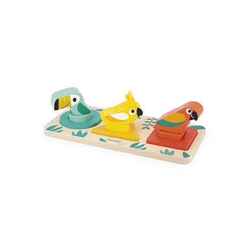 Wooden toy puzzle with three colorful parrot figures on a white background