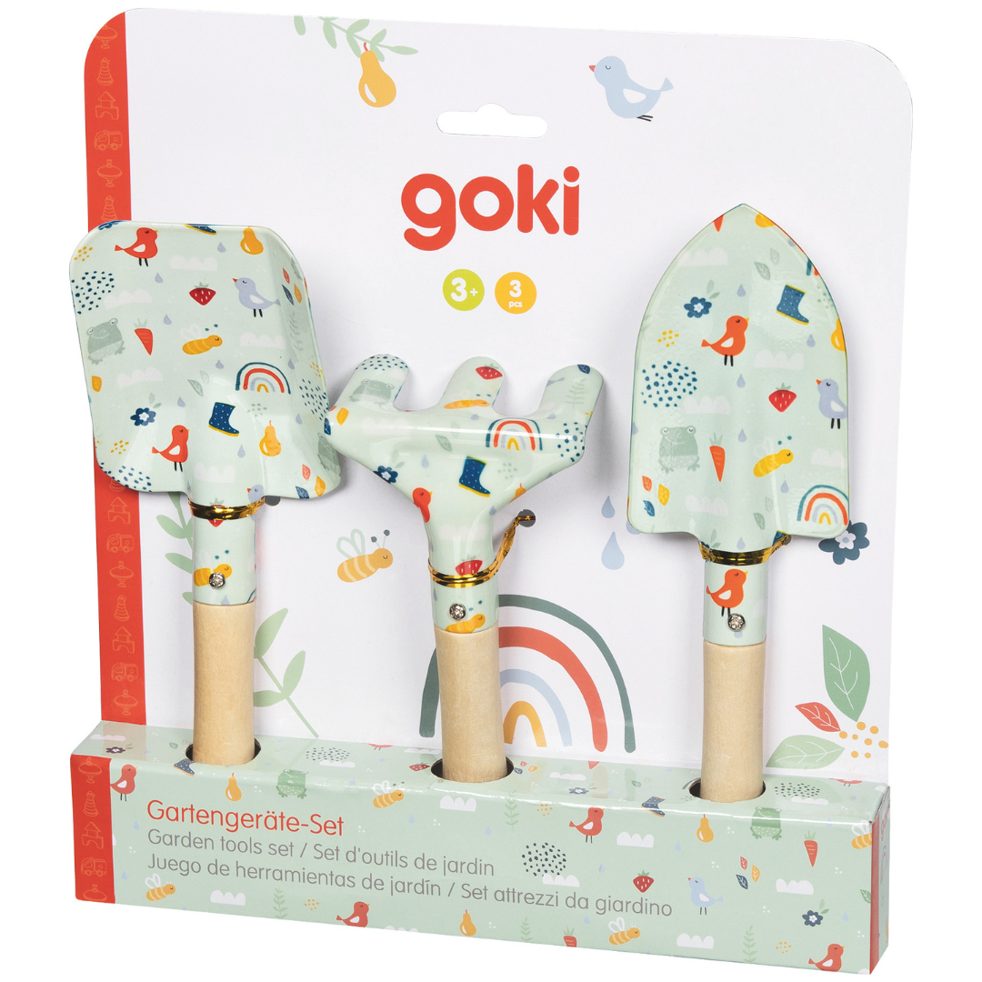 Goki children's garden tool set packaging with tools and colorful design.