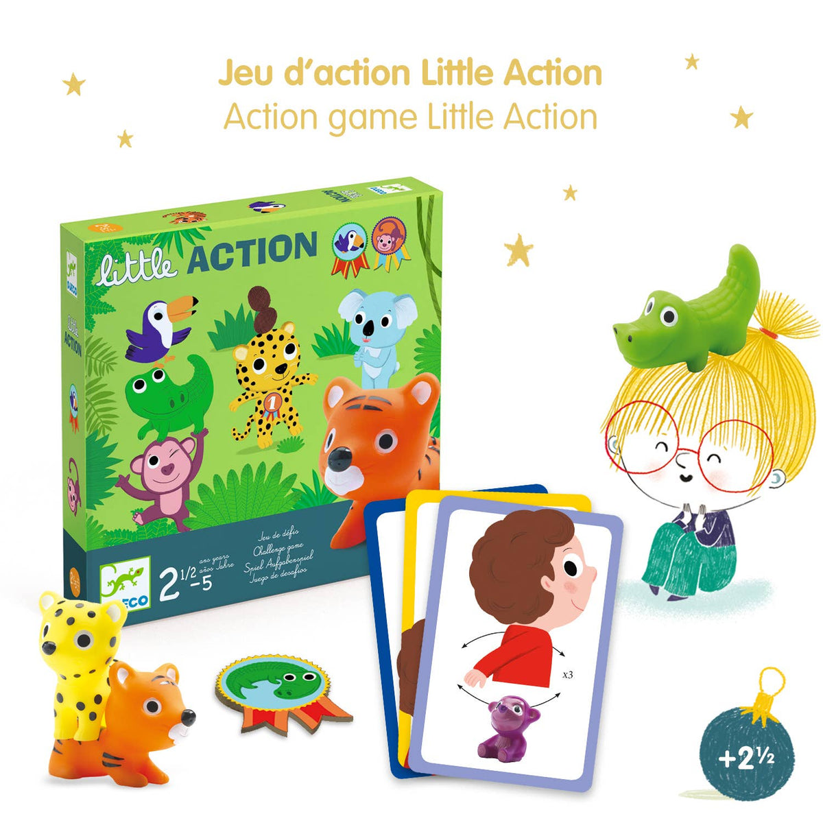 Children's action game set with figurines and cards on a white background